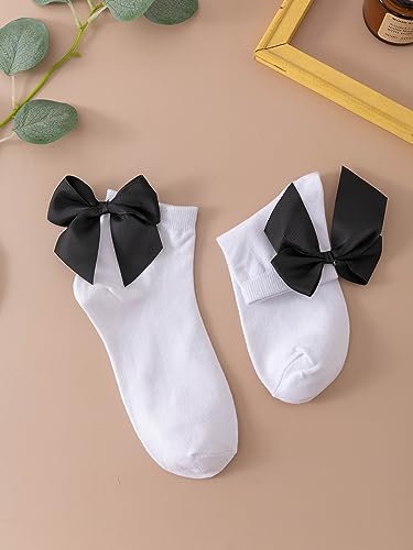 Image of OYOANGLE Women's 1 Pair Cute Solid Bow Decor Kint Crew Socks Soft Casual Comfortable Dress Socks White one-size