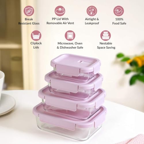 Image of Nestasia Borosilicate Glass Containers with Clip Locks Set of 4 (370ml, 660ml, 1L, 1.5L) - Airtight & Leakproof Containers with Air Vent Lid for Fridge Storage | Microwave & Dishwasher Safe (Lavender)