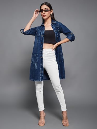 Image of Miss Chase Women's Polo Neck Full Sleeves Patch Pocket Denim Overcoat Knee-Length Jacket