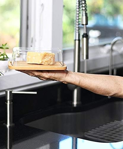 Mantequillera Elegante Con Cuchillo Incluido - Base De Bambú Natural, Campana De Vidrio Y Esparcidor De Acero Inoxidable, Ideal Para Cocina Y Mesa