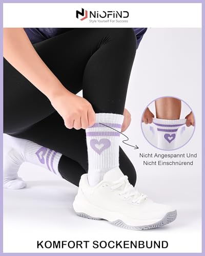 Niofind Tennissocken Damen 39-42 35-38 – 3 Paar Hohe Sportsocken mit Herz Motiv, Statement Socken für Weihnachten, Bequeme Baumwolle Laufsocken für Damen, Geschenk für Frauen in Weiß, Schwarz