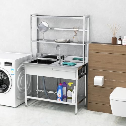 Toemics 39\'\' Stainless Steel Utility Sink, Free Standing Commercial Single Bowl Sink with Right Drawer & Shelves & Cold and Hot Water Pipe, Indoor and Outdoor Sink for Laundry Room, Garage, Kitchen