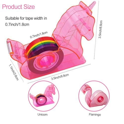 Hibucuo Klebebandabroller für den Schreibtisch, niedlicher Einhorn-Klebebandabroller, rosa Mini-Klebebandspender mit Regenbogen-Nachfüllband, Washi-Tape-Abroller für Kinder, Schule, Büro,