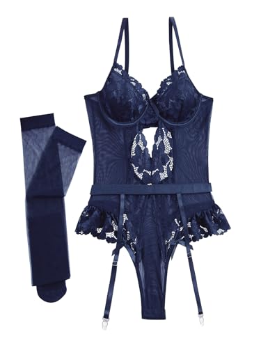 Image of Lilosy Sexy Stocking Lace Mesh Bodysuit Top Underwire Garter Lingerie Set 3 Piece
