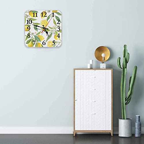 Wall Clock, Square Silent Non Ticking Clock 12 Inch, Floral Lemon Fruits Flowers, Home Decor For Living Room, Bathroom, Bedroom, Kitchen, Office Or School #TOP2