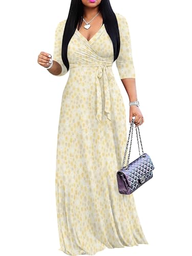 Image of Women's V Neck Floral Maxi Dress 3 /4 Sleeve Plus Size Boho Wrap Flowy Long Dresses with Belt