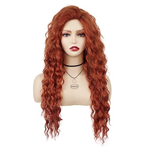 Image of GNIMEGIL Long Ginger Red Orange Curly Wig Synthetic Hair Merida Costume with Fluffy Waves Free Part Hairline Natural Copper Tones Wig Ideal for Halloween Cosplay and Drag Queen Wigs