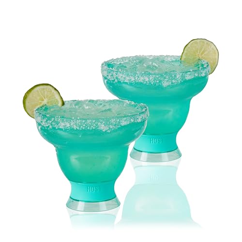 HOST FREEZE Stemless Margarita Glasses, Insulated Plastic Cocktail Glasses for Frozen Drinks, Double Wall Chiller Cups for Daiquiri, Tiki Drinks, Home Bar, Party Gifts, 12 oz, Set of 2, Aqua Blue
