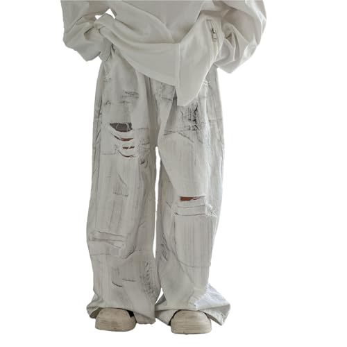 Baggy Jeans Kids Ripped Loose Fit Casual Wide Leg Jeans Hip Hop Streetwear Baggy Pants Boys White Distressed with Holes