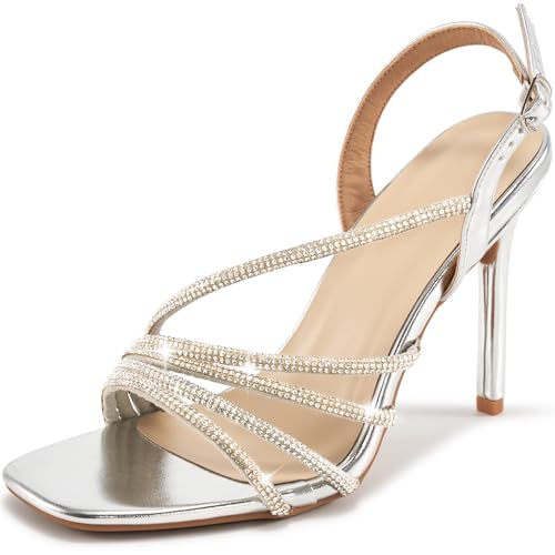 HARENCE Heels for Women Stilettos Sandals: Square Open Toe Strappy High Heeled Ankle Strap Rhinestone Dress Shoes for Wedding Prom Party Bridesmaid