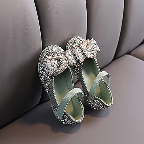 Children Pearl Rhinestones Shining Shoes Kids Solid Color Princess Beach Casual Flat Base Shoes (Green, 26)2