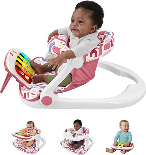 Image of Fisher-Price Portable Baby Chair Kick & Play Deluxe Sit-Me-Up Seat with Piano Learning Toy and Snack Tray for Infants to Toddlers, Pink