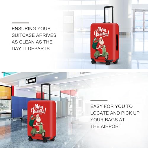 Image of Santa on Scooter Luggage Cover - Riding Green Scooter with Gifts, Whimsical Modern Holiday Design for 32 34 Inch Travel