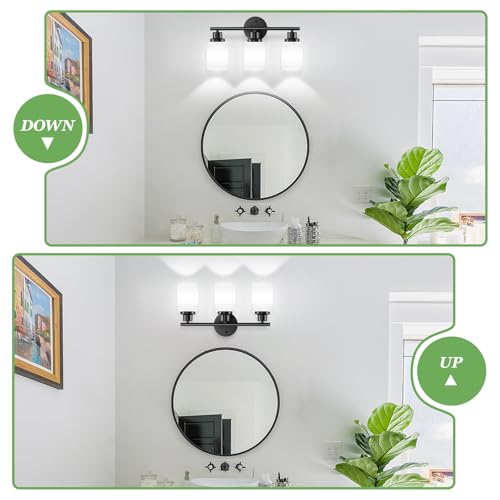Image of 3-Light Bathroom Light Fixtures, Black Vanity Lights for Mirror with Textured Milky White Glass Shade, E26 Base Modern Kitchen Light Fixtures Wall Sconce Light