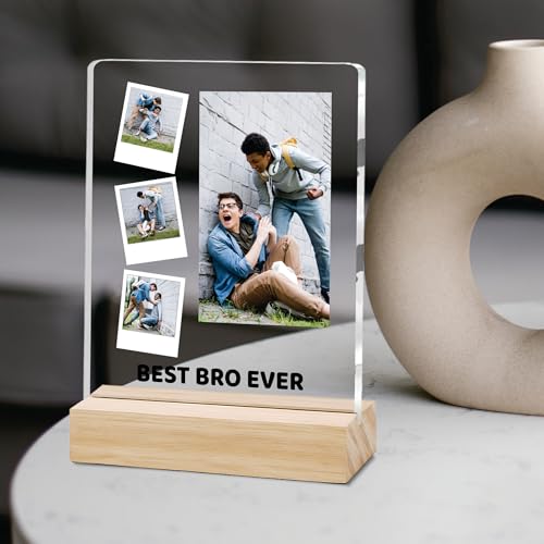 Image of Giftplease Customized Photo And Text Frame With Wooden Stand | Personalised Printed Photo Frame | Gift For Brother | Birthday | (Transparent, 5MM, 6 * 8 Inches), Tabletop BG 08