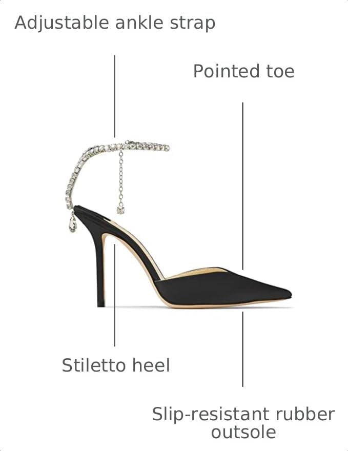 Image of LauraVicci Women's Heeled Sandals Crystal Chain Ankle Straps Rhinestones Buckle High Heels Stiletto Slip On Wedding Party Satin Dress Shoes