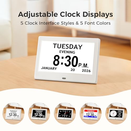 Image of 7'' Digital Clock, Dementia Clock With Date And Time, 10 Reminders, 6 Alarms, Auto-Dimming, Auto DST, Remote Control, Large Display Alarm Clock For Seniors, Gifts For People With Dementia, White