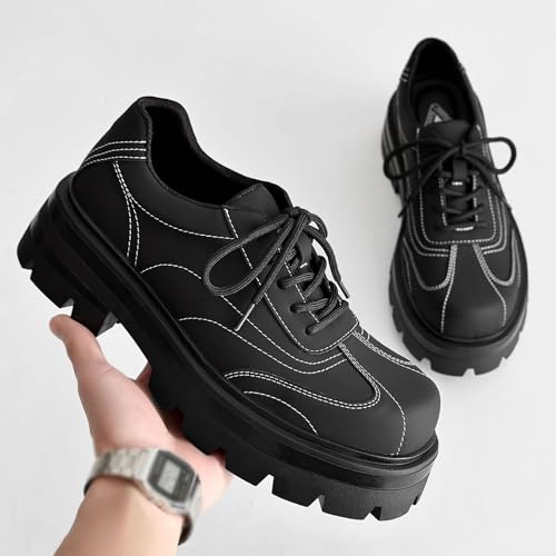 Fashion Business Casual Thick Platform Leather for Men's， Round Toe Matte Thick Sole Chunky Heels Men Lace Up Solid Color Fashion Casual Wedding Shoes3