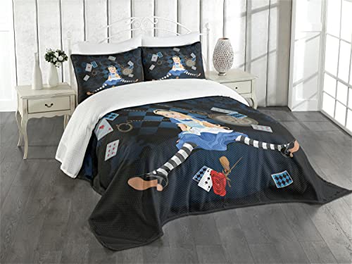 ABAKUHAUS Alice au Pays des Merveilles Couvre-lit Matelassé, Fleurs Rose, Décoratif 3 Pièces avec 2 Taies d'Oreillers, Twin, Noir Multicolore