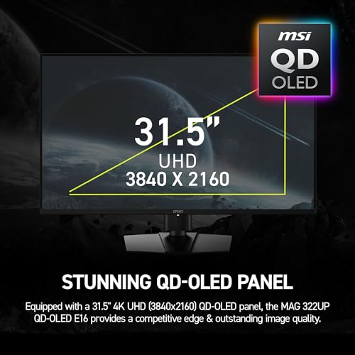 Image of msi MAG 322UP QD-OLED E16 32-Inch QD-OLED Monitor, 3840x2160, 165Hz, 0.03ms, DisplayHDR True Black 400, AMD FreeSync Premium Pro, NVIDIA G-SYNC Compatible, AI Care Sensor, HDMI2.1, DP 2.1, 98W USB-C