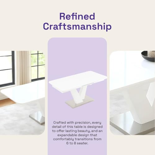 Image of Wakefit Ezio Glass 6 to 8 Seater Extendable Dining Table - White High Gloss Finish