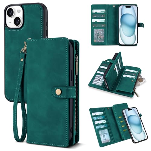 TwoHead Wallet Case Compatible with iPhone 15,Detachable Magnetic Phone Case,All-Round Protective Leather Phone Case with Card Holder,6.1 in,Green by TwoHead - Used condition - US$19.86