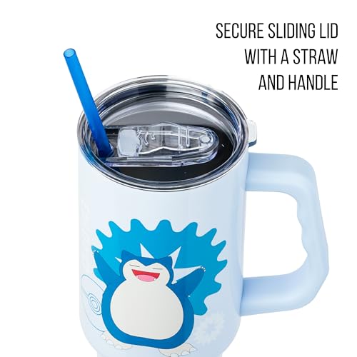 Image of Silver Buffalo Pokemon Double Walled Stainless Steel Tumbler with Handle Featuring Snorlax, Fits in Standard Cup Holder, 40 Ounces