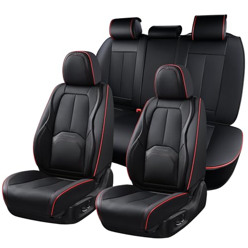 Image of Coverado Car Seat Covers Full Set, Premium Nappa Leather Seat Covers for Car, Waterproof Car Seat Protector with Lumbar Support, Car Seat Cover Universal Fit for Most Cars SUV Truck(Black&Red)