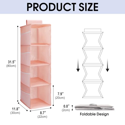 Image of 4-Shelf Hanging Closet Organizer, Space Saver, Closet Hanging Storage Shelves with Mesh Pockets & Magic Tap for Storage, Foldable-Pink