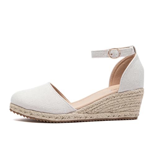 Image of Altxic Women's Closed Toe Canvas Ankle Strap Espadrilles Wedge Sandals