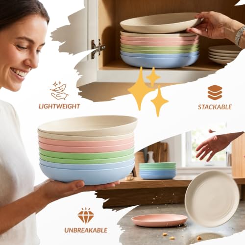 Image of Homienly Deep Dinner Plates Set of 8 Unbreakable Wheat Straw Plates Plastic Reusable Plates for Kitchen, Picnic, RV, Dishwasher and Microwave Safe Plates for Salad, Dessert (Fresh Light, 9 inch)