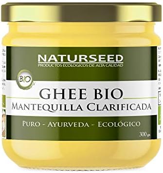 Naturseed Organic Ghee - Clarified Pure Bio Ayurveda Butter - 300gr - Organic Butter Grassfed - Lactose Free - Cows fed only Organic Pastures - Sweet Taste - 250º- Free Recipes (300gr)