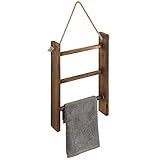 MyGift Rustic Dark Brown Wood Wall Hanging 3 Tier Hand Towel Ladder Rack, Bathroom Towel Storage Rack with Top Rope