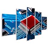 islandburner Bild auf Leinwand Roter Mikrochip auf blauer Platine für Arbeitszimmer Technikbegeisterte Elektronikladen Bilder Wandbilder Poster