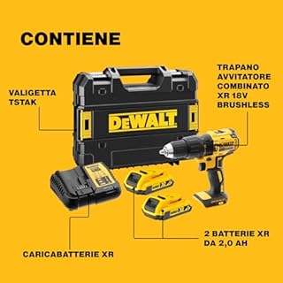 DEWALT XR 18V Trapano Avvitatore Combinato Brushless, Compatto Senza Fili con 2x Batterie XR Li-Ion 2Ah, Caricabatterie, Valigetta, Alta Coppia, Luce LED, Prestazioni Versatili – DCD778D2T-QW