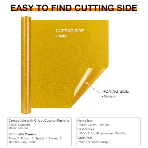 Image of HTVRONT Gold Glitter HTV Heat Transfer Vinyl Rolls - 10 inch x 8ft Gold Glitter HTV Vinyl for Shirts, Glitter Iron on Vinyl for All Cutting Machine - Easy to Cut & Weed for Heat Vinyl Design