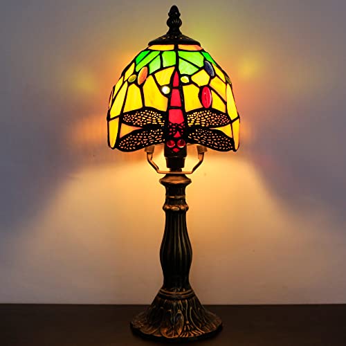 Rhlamps Small Tiffany Lamp Dragonfly Style Green Stained Glass Table Lamp, 14" Tall Luxury Mini Accent Lamp, Memory Bedside Lamp For Bedroom Living Room #TOP4
