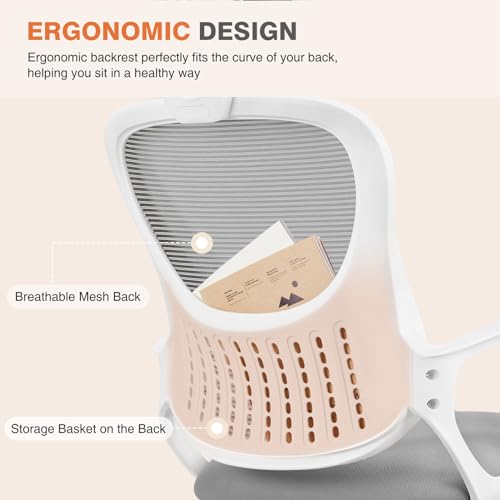 Sweetcrispy Office Computer Desk Chair, Ergonomic High-Back Mesh Rolling Work Chairs with Wheels and Adjustable Headrests, Comfortable Lumbar Support, Comfy Armrest for Home, Bedroom, Study, Grey