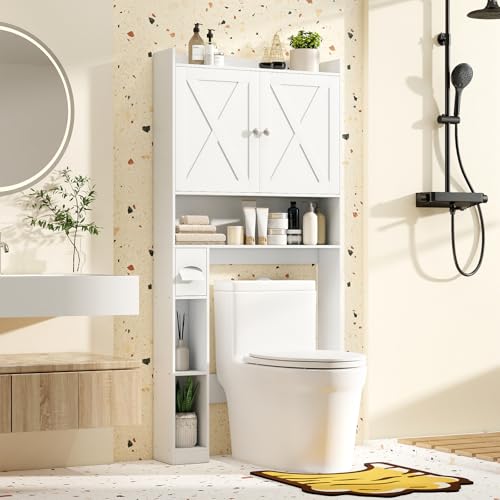 COSTWAY Armario de Almacenamiento sobre Inodoro, Estantería Organizadora con Doble Puerta, Portarrollos de Papel Higiénico y Estante Ajustable, Mueble Independiente para Baño Lavadero (Blanco) - imagen 2
