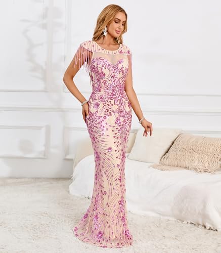Image of Cololura Women Sexy Sequin Mesh Perspective Bodycon Party Cocktail Evening Gown Maxi Dress