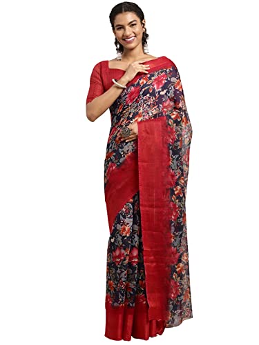 Image of AKHILAM Women's Printed Linen Zari Saree With Unstitched Blouse Piece (FF0BGBLT80001 Parent)