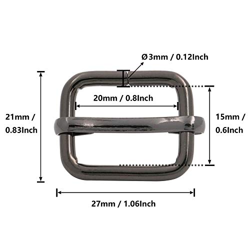 BIKICOCO Metal Slide Adjuster Buckle Tri-Glides with Movable Center Bar, for Straps, 0.8 x 0.6 Inch, Gunmetal, Pack of 50