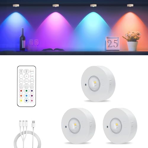 MERTTURM Rechargeable LED Cupboard Light, 1200mAh USB Wireless RGB Puck Light, Battery Operated Shelf Display Cabinet Light, Dimmable Stick on Wall Light with Remote Control/Timer for Wardrobe/Kitchen