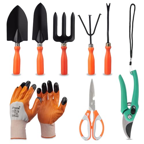 Amazon Brand - Solimo 8-Piece Gardening Tool Kit | Cultivator, Fo...
