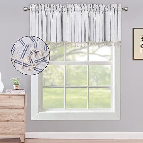 CAREMEE Kitchen Valance Navy Ticking Stripe Window Valance 1 Panel Tassel Decoration Cafe Valance for Kitchen Bathroom Window Treatments, 54 x 15 Inches, Navy