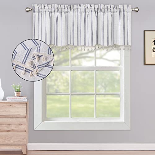 Caremee Kitchen Valance Navy Ticking Stripe Window Valance 1 Panel Tassel Decoration Cafe Valance For Kitchen Bathroom Window Treatments, 54 X 15 Inches, Navy #TOP2
