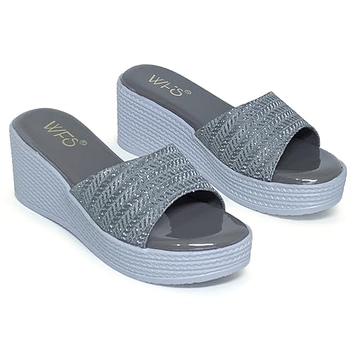 Image of WFS Women's Black 2.5 Inch Wedge Heel Slip-On Fashion Sandals - Shimmer Finish