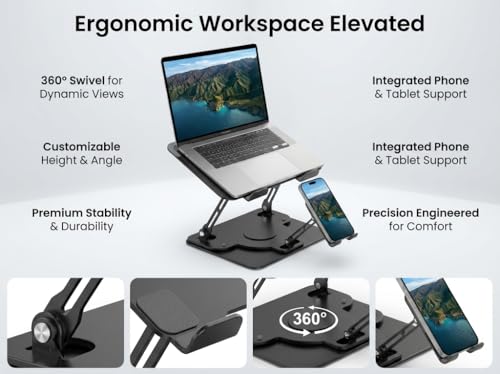 Image of Laptop Stand for Desk,Laptop Riser with Phone Holder& 360 Rotating Base | Adjustable Computer Stand|Ergonomic Laptop Riser for Collaborative Work|Macbook Stand fits for All 10-16 inch Laptops(Black)