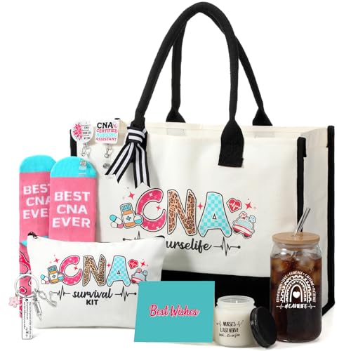 Skylety 9 Pcs CNA Week Gifts Set for Women Trapezoid Grocery Canvas Tote Bags with Handle Glass Jar Tumbler Scented Candle Badge Reel Socks Novelty CNA Week Appreciation Gift