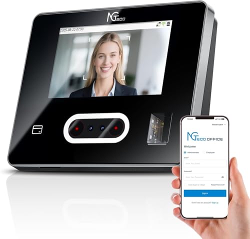 NGTeco Reloj de Fichar Cloud, Basado en la Nube con Pantalla Táctil, Reconocimiento Facial/Huella Dactilar/Tarjeta/Pin, WiFi de 2,4 GHz y 5 GHz, Contiene 10 Tarjetas IC, Sin Cuota Mensual